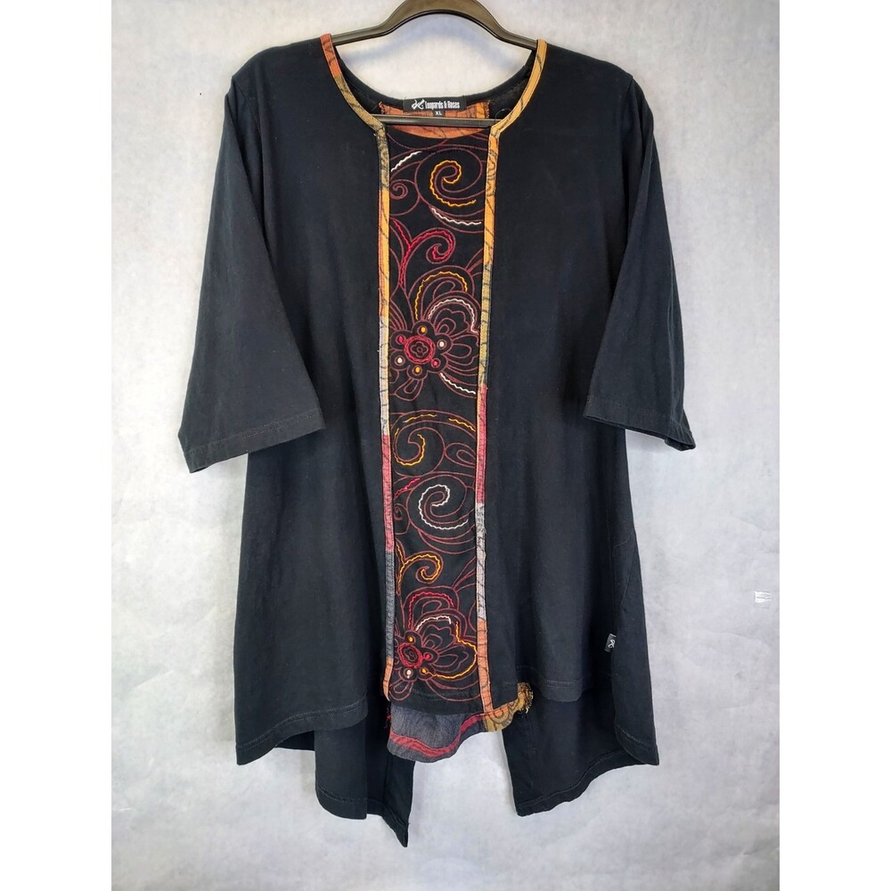 Leopards & Roses Embroidered Spiral Tunic Women's XL Lace Up Back Boho Hippie